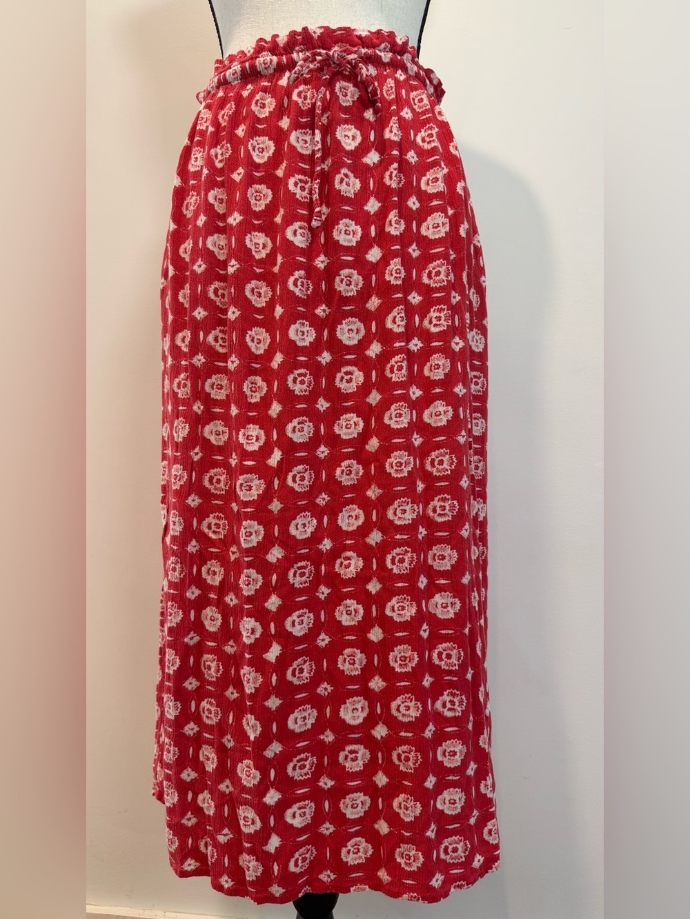 Red Rayon Midi Skirt XL Boho Print Paperbag Waist Side Slit Wonderly